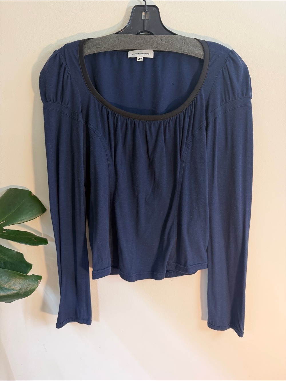 Costume National Navy Long Sleeve Scoop Neck Top with Contrast Trim